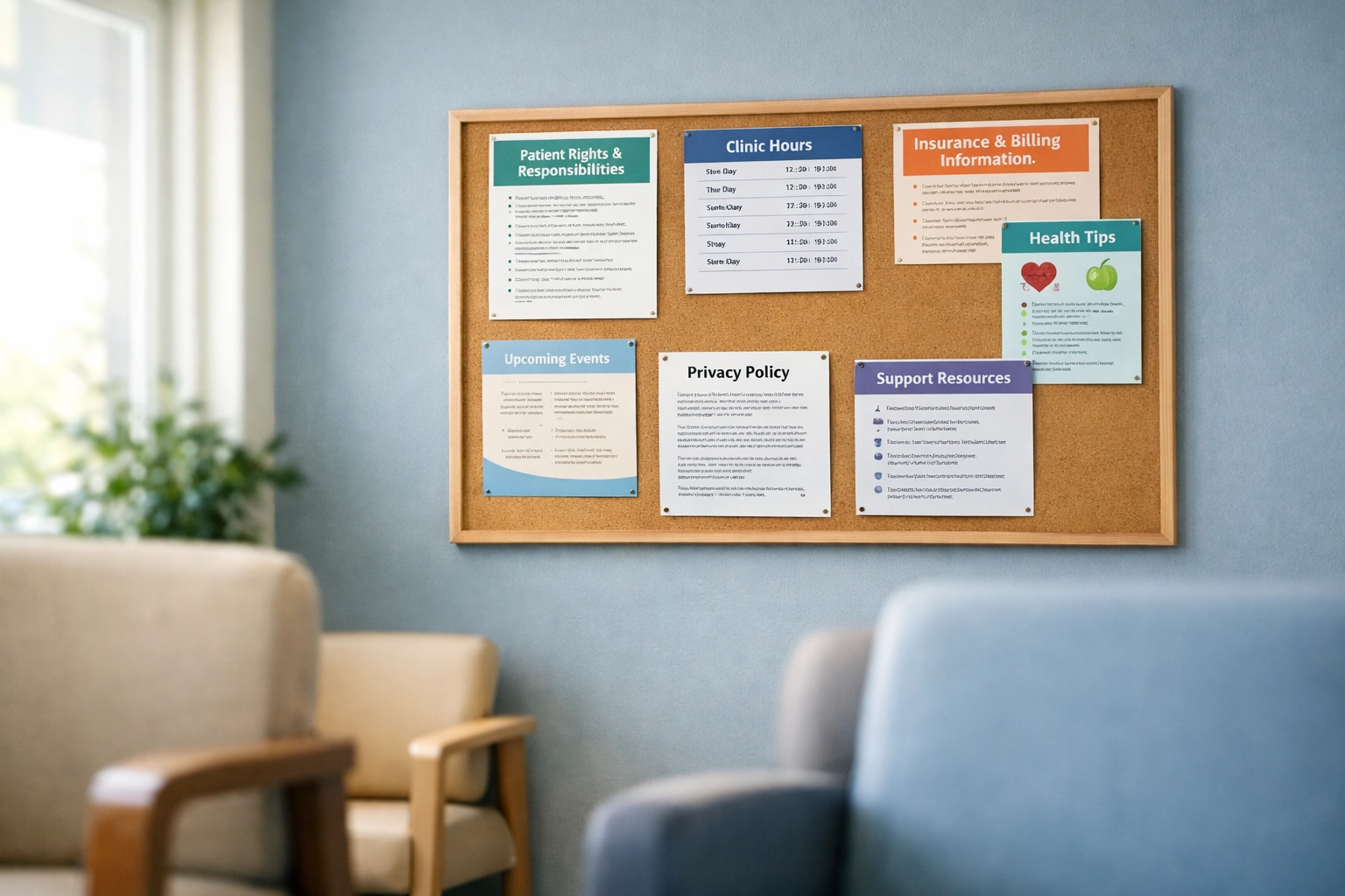 Behavioral health facility waiting room with patient privacy notices posted on bulletin board