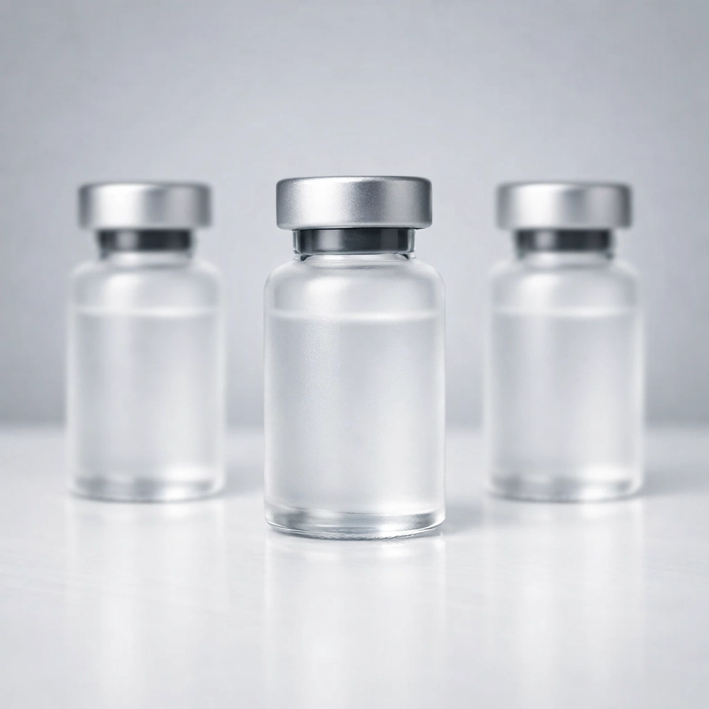 Three research vials representing the triple metabolic pathways of GLP-1, GIP, and glucagon.