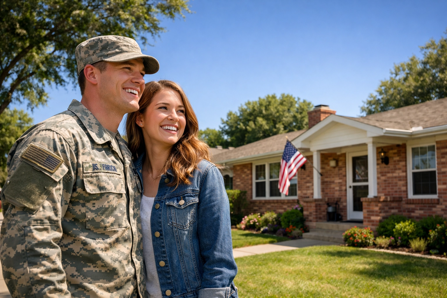 Military couple in front of their new ranch-style home near Randolph Air Force Base in Live Oak.