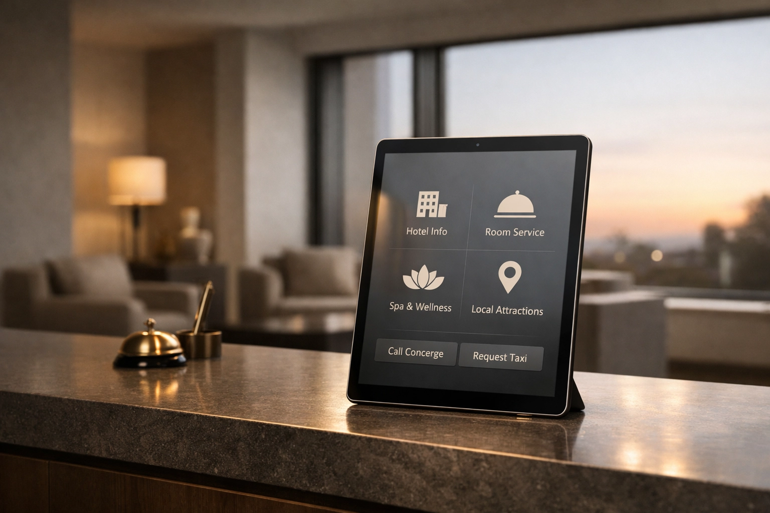 Tablet on a hotel concierge desk demonstrating AI automation for guest services in a modern lobby.