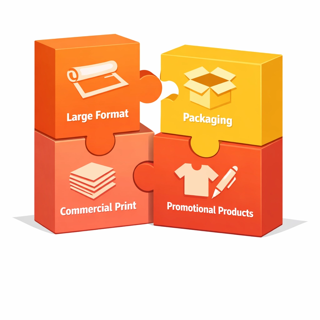 Diversified printing services shown as interconnected segments including packaging and commercial print
