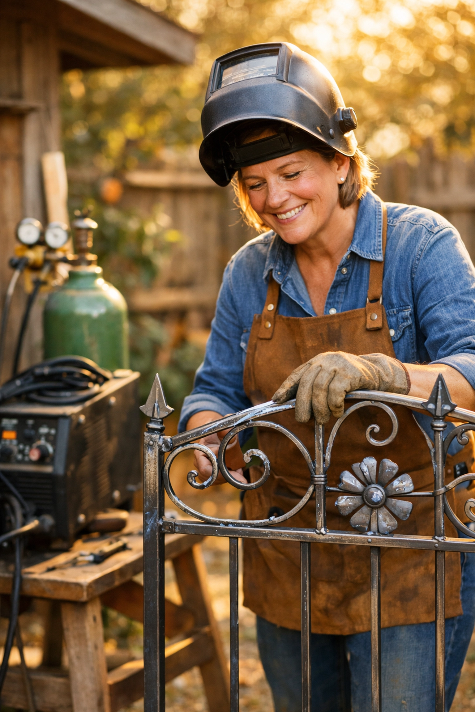 Hobbyist inspecting a finished weld on a steel garden gate after using MIG shielding gas.
