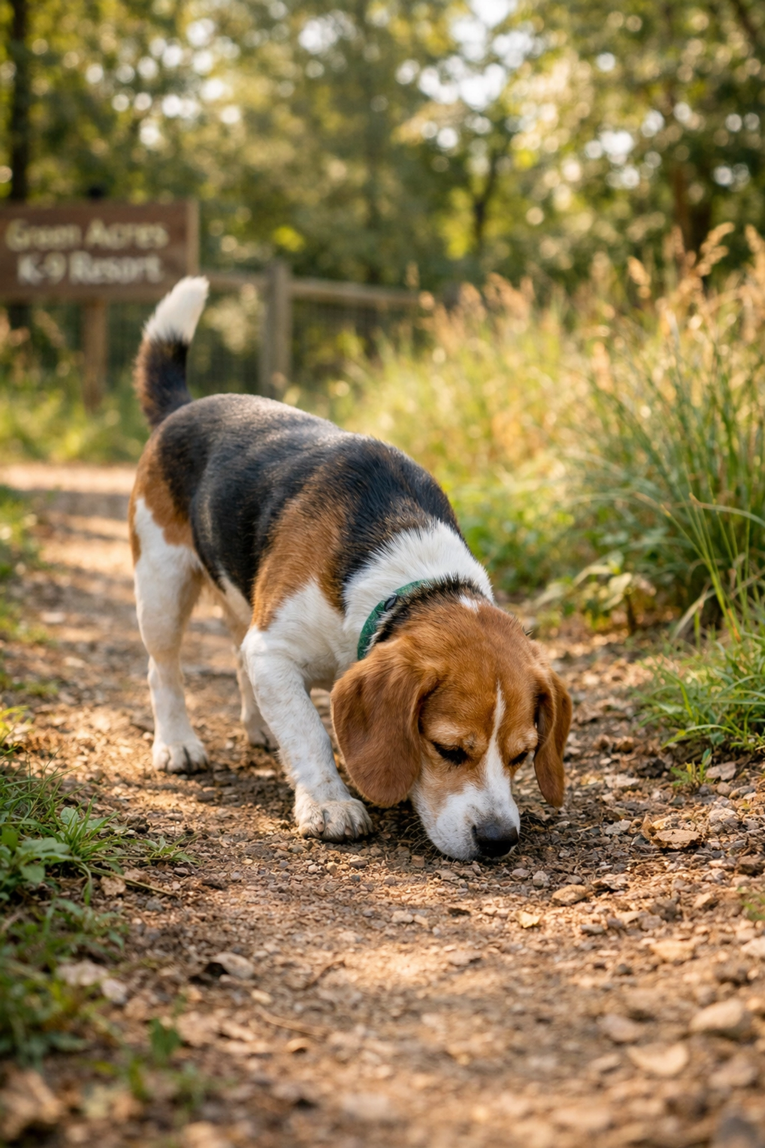 Dog enjoying sniffari walk with nose to ground for mental stimulation
