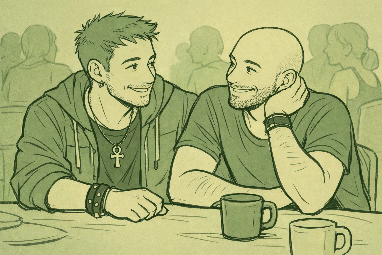 Two gay men connecting at pup play community gathering - LGBTQ+ friendship and acceptance