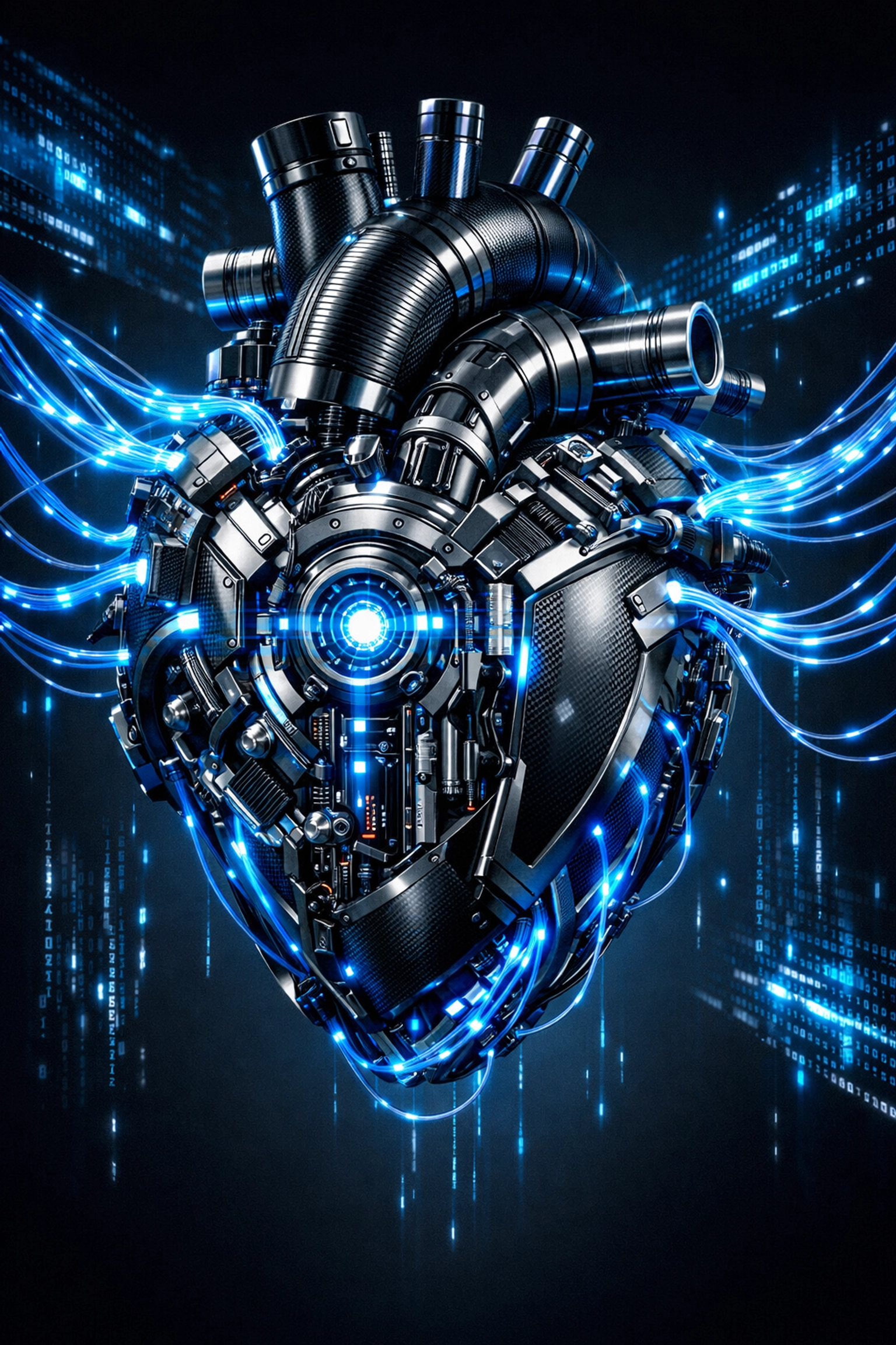A central mechanical hub connected by glowing data streams, representing the fusion of hardware and software.