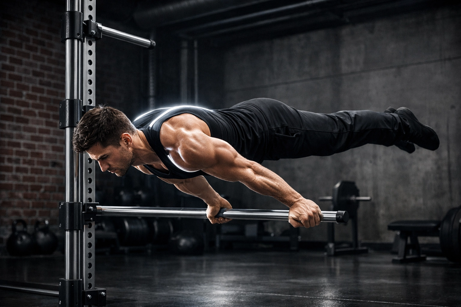 Professional gymnast performing a planche hold on a versatile floor to ceiling home gym system.