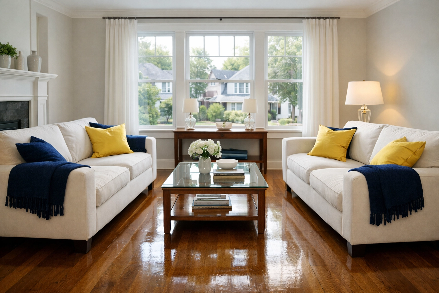 Spotless living room with hardwood floors after post-party residential cleaning in Leominster MA.