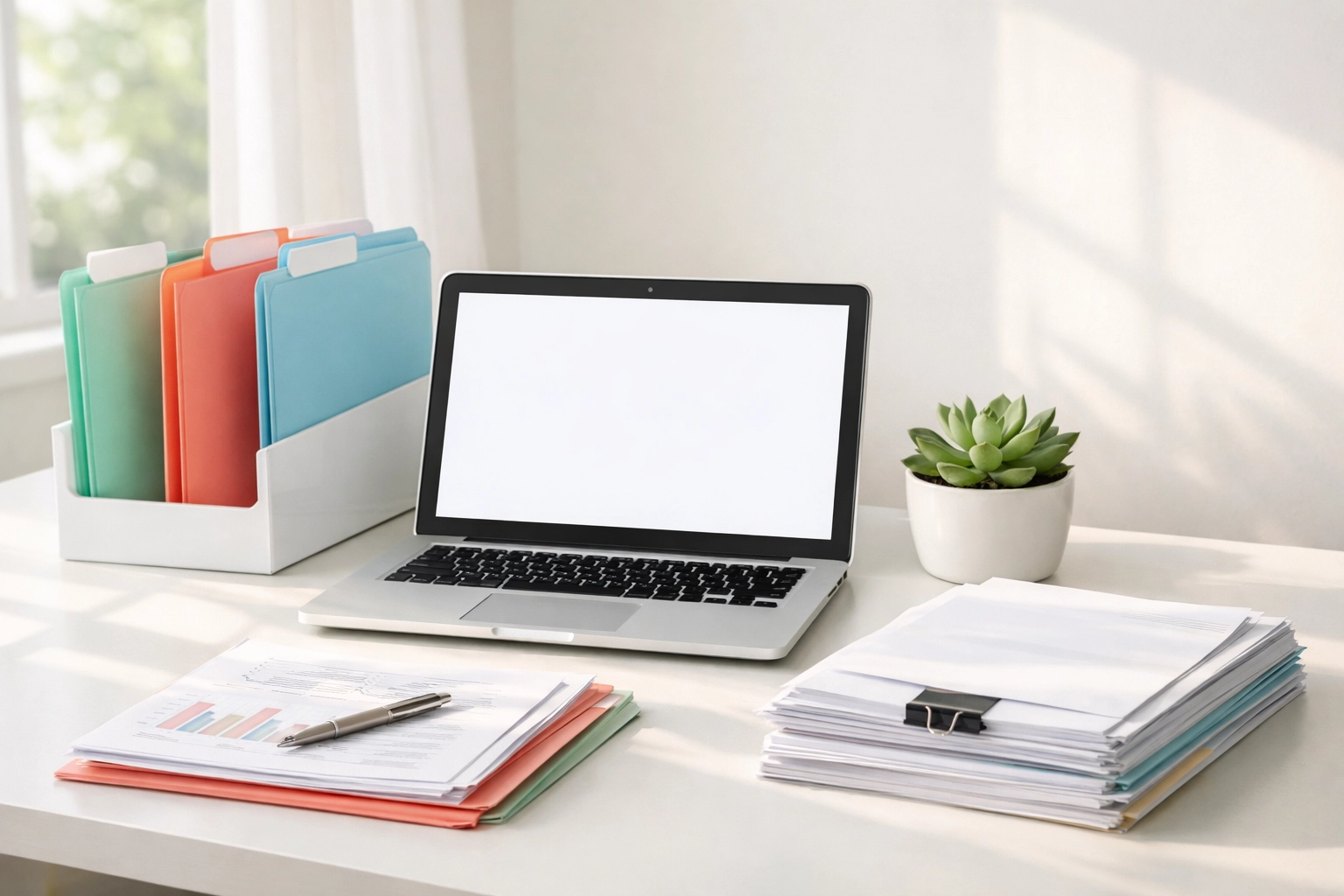 Organized business office workspace showing S-Corp administrative requirements and bookkeeping