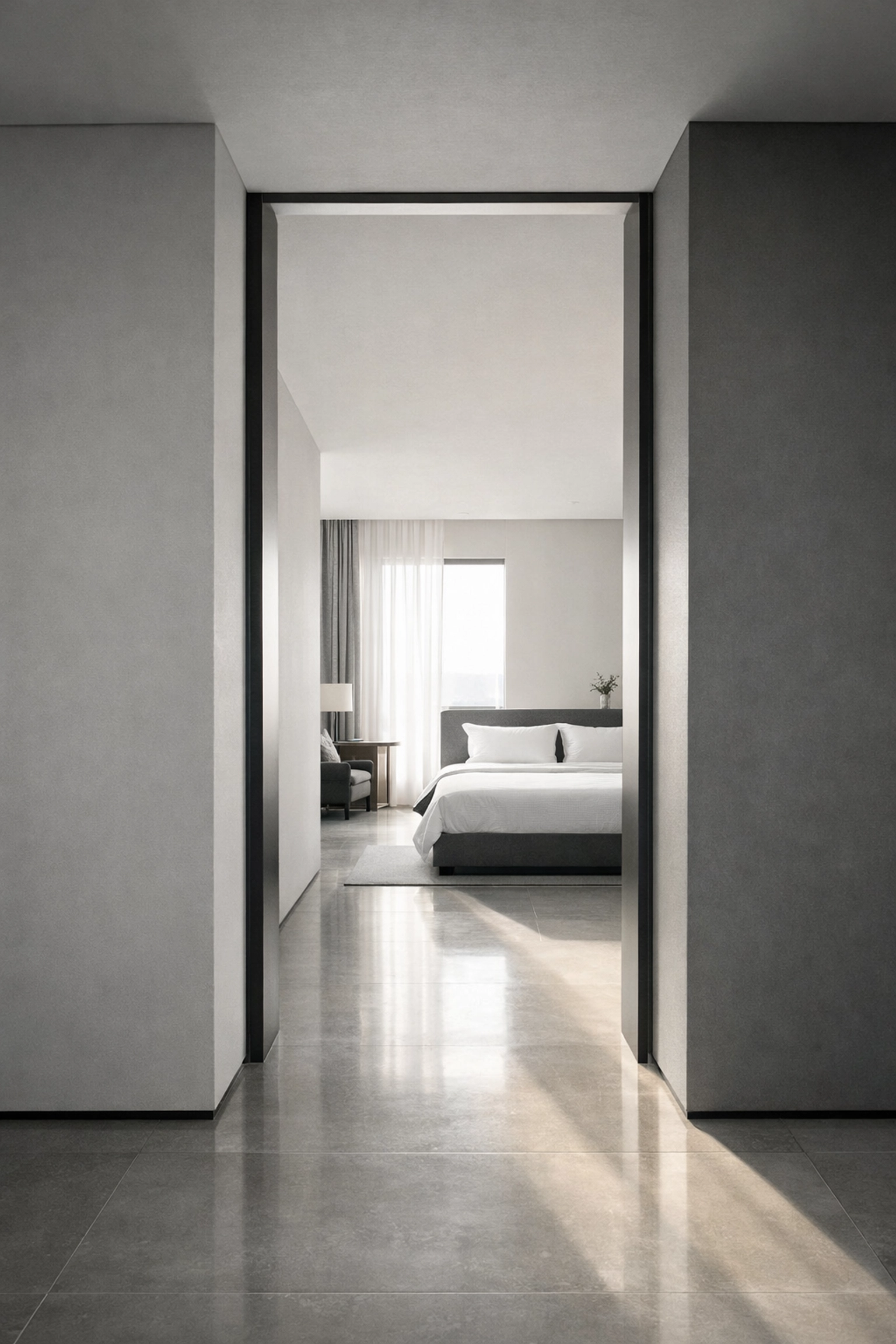 A seamless transition into a contemporary hotel suite, illustrating a smooth direct booking engine experience.