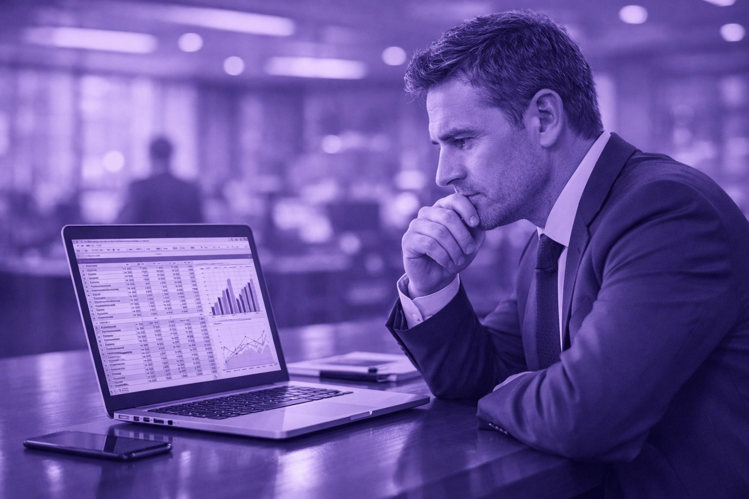 London business owner analyzing receptionist salary costs vs AI agent ROI on a laptop.