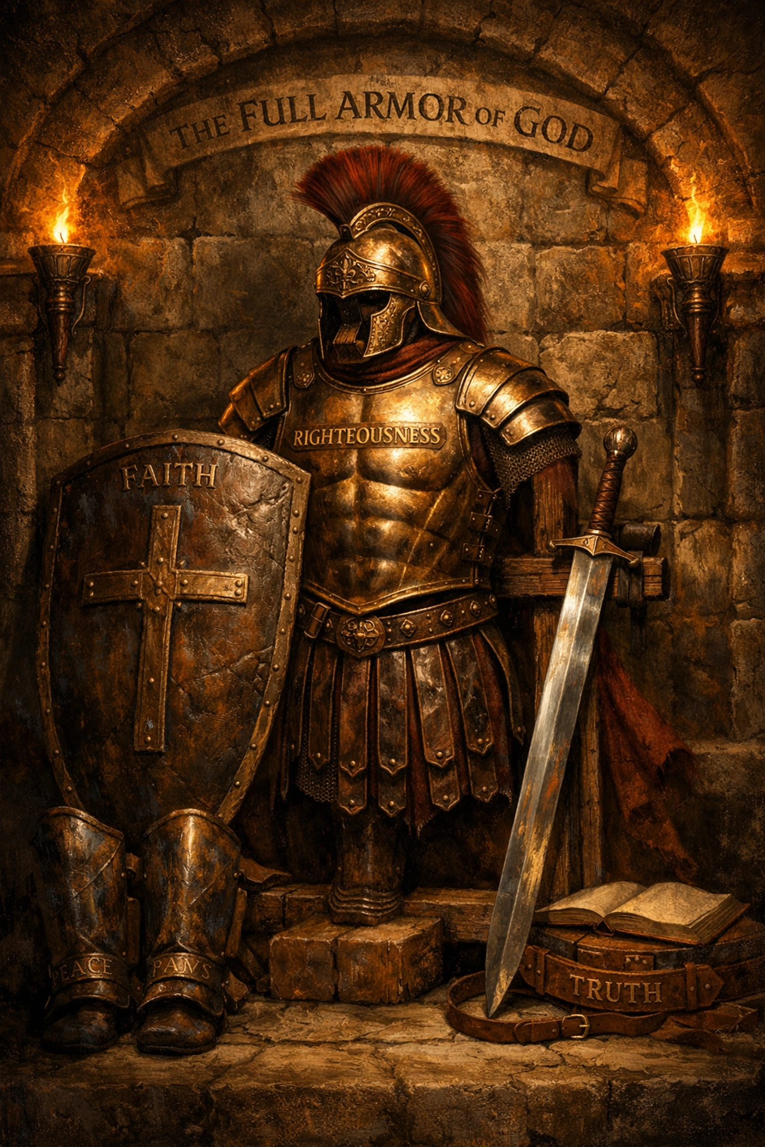 Religious art of the Armor of God featuring a bronze breastplate and shield from Ephesians 6.