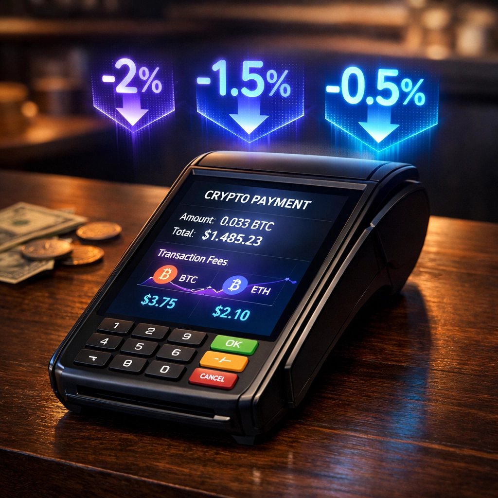 Crypto POS terminal showing low transaction fees compared to traditional payment processors for small business