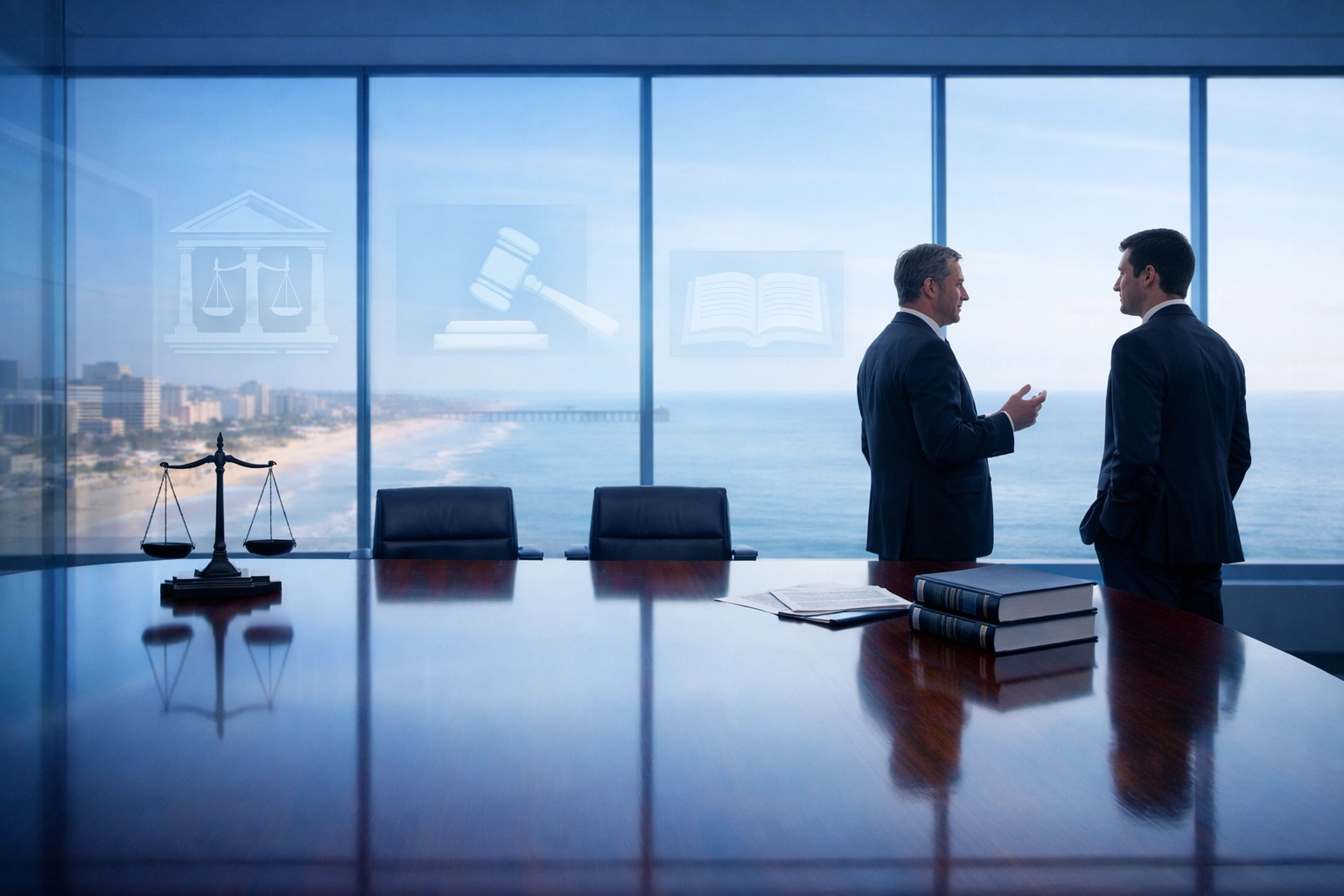 Modern Virginia Beach law office overlooking the coast where expert divorce attorneys meet with clients.