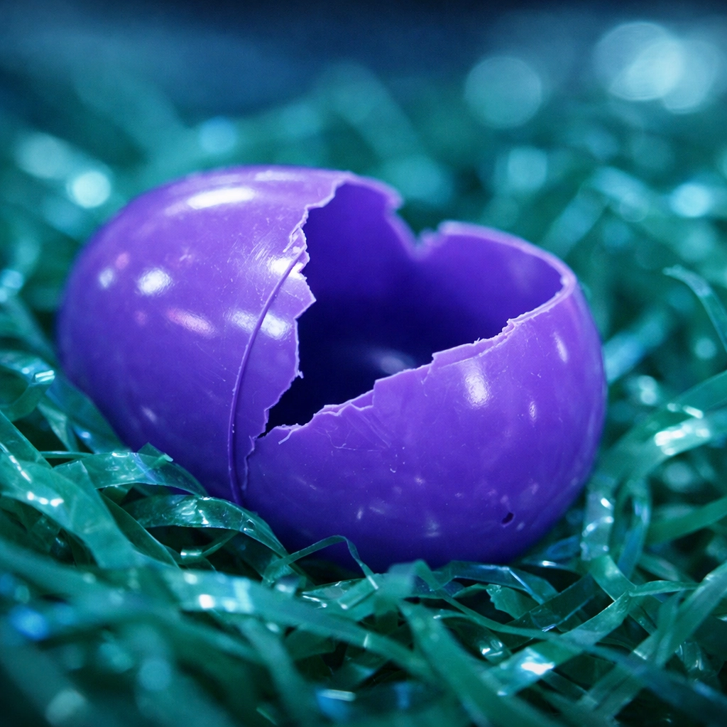A broken plastic Easter egg lying in artificial grass, symbolizing the hollow nature of holiday consumerism.