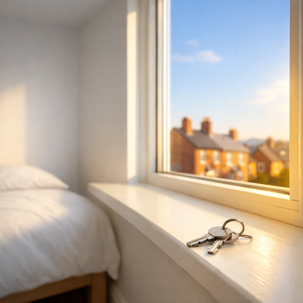 House keys on a clean windowsill of a Worcester home ready for inspection after move-out cleaning.