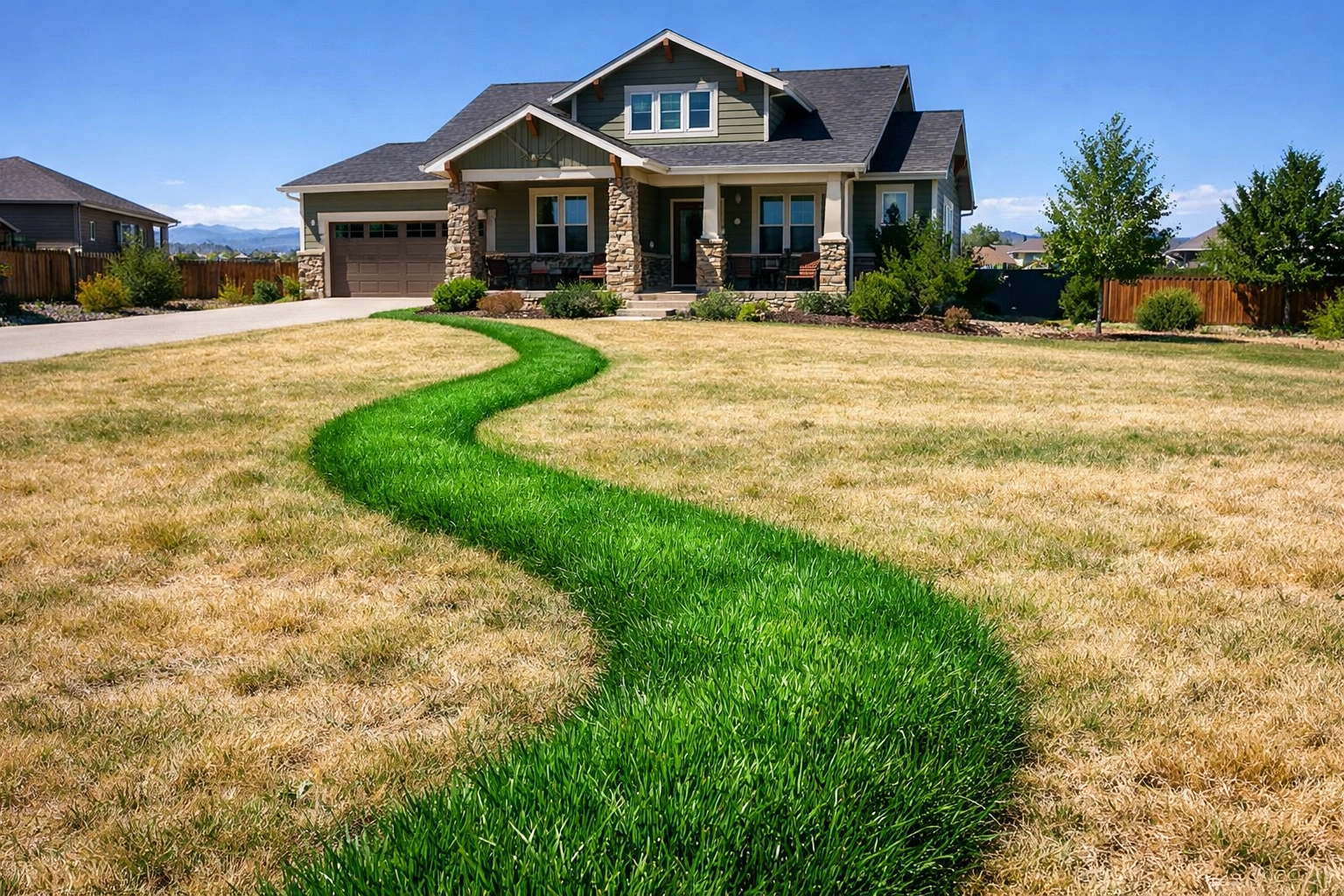 Lush green grass strip in a dry Denver yard indicating a broken underground sewer line.