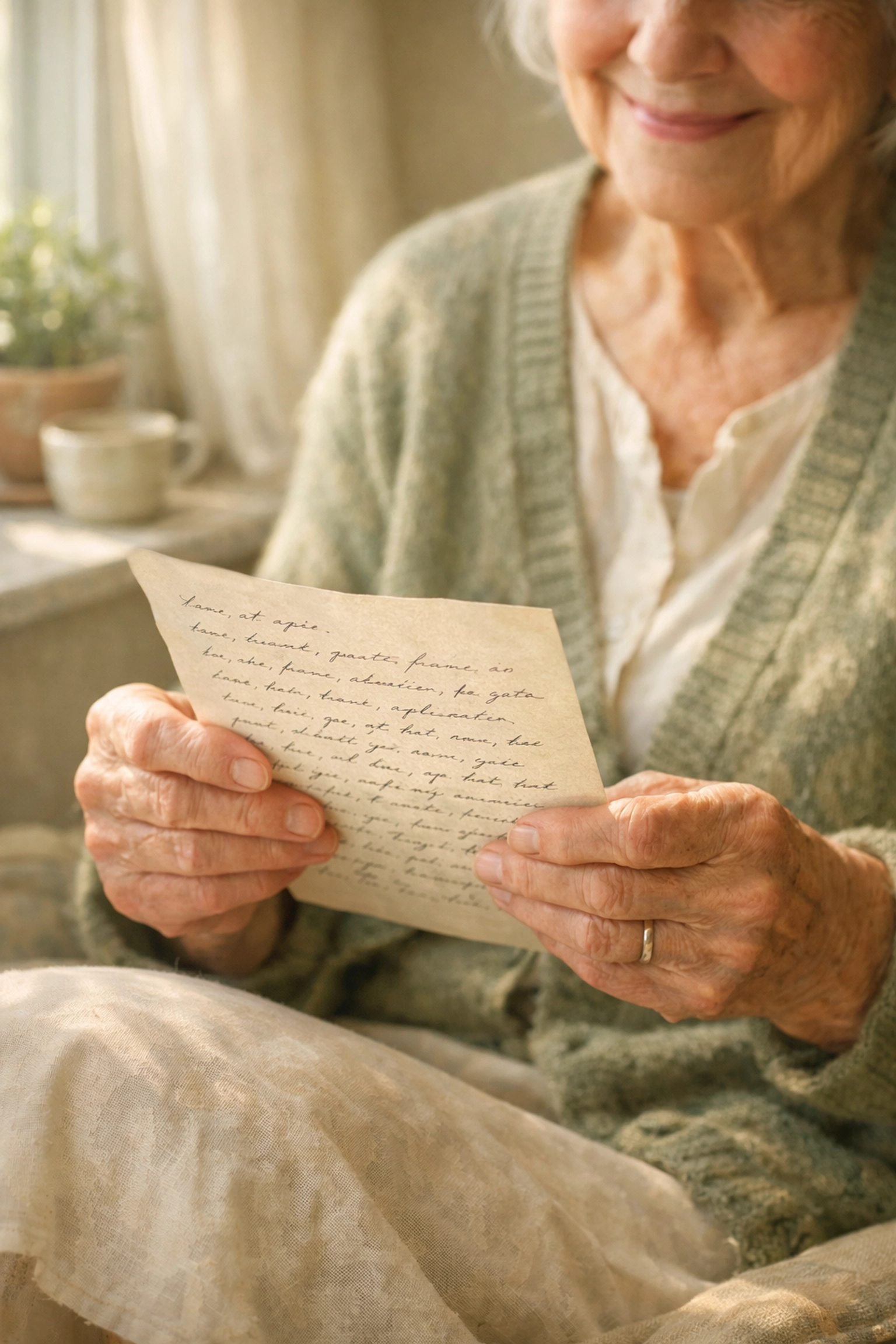 Senior woman holding handwritten letter by window in secure pen pal service