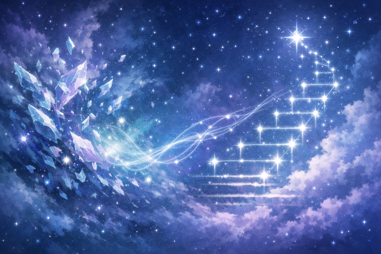 Des cristaux chaotiques se transformant en une constellation structurée pour représenter le dépassement de la confusion mentale.