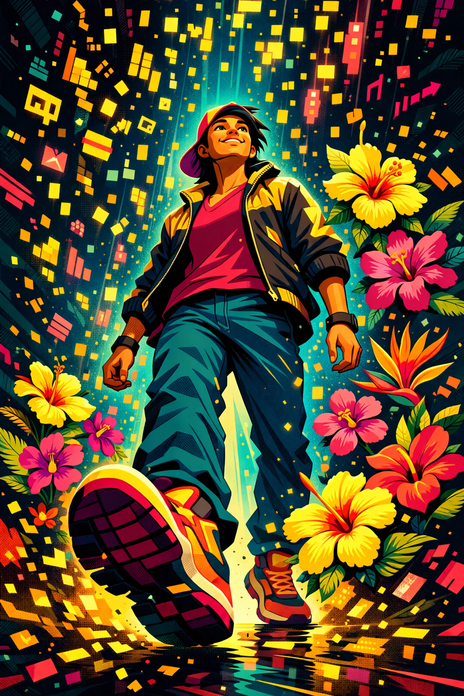 A person walking through digital symbols transforming into flowers, representing growth in real-life dating.