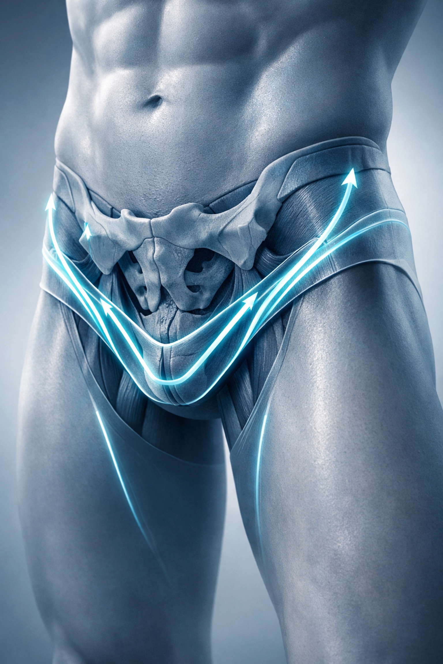 Anatomical illustration showing how testicular support underwear provides lift and isolation from the thighs.