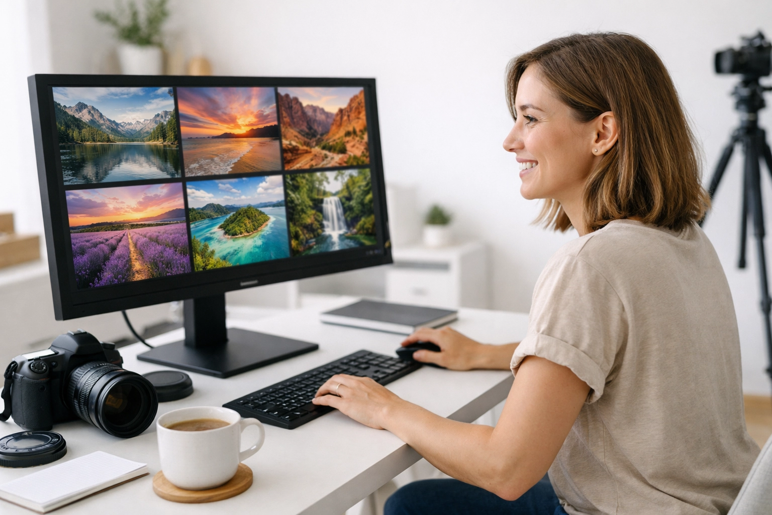 A successful professional photographer editing landscape photos in a bright, organized home studio workspace.