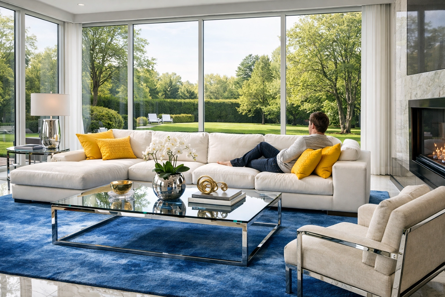 A sunlit luxury living room showing the immaculate results of luxury house cleaning in Chestnut Hill.