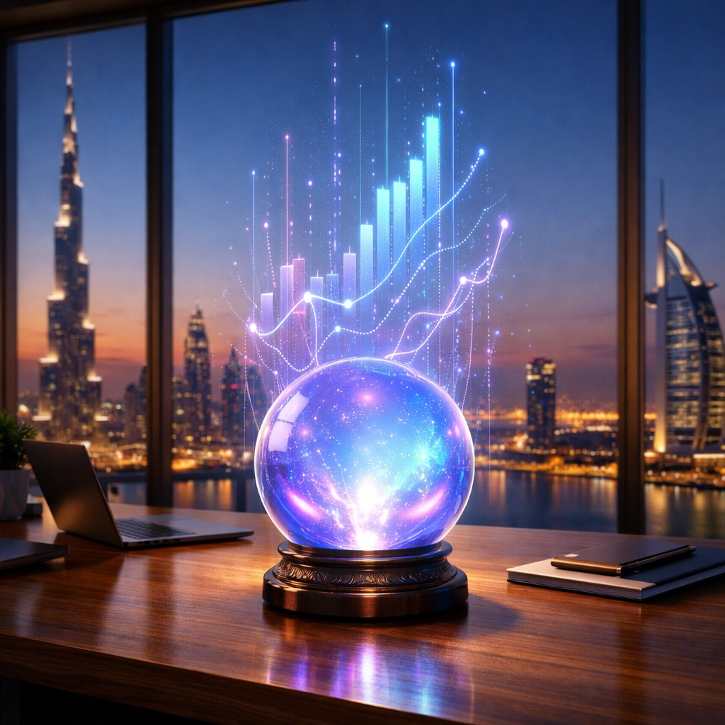 Predictive analytics visualization showing data trends and forecasting in Dubai business office