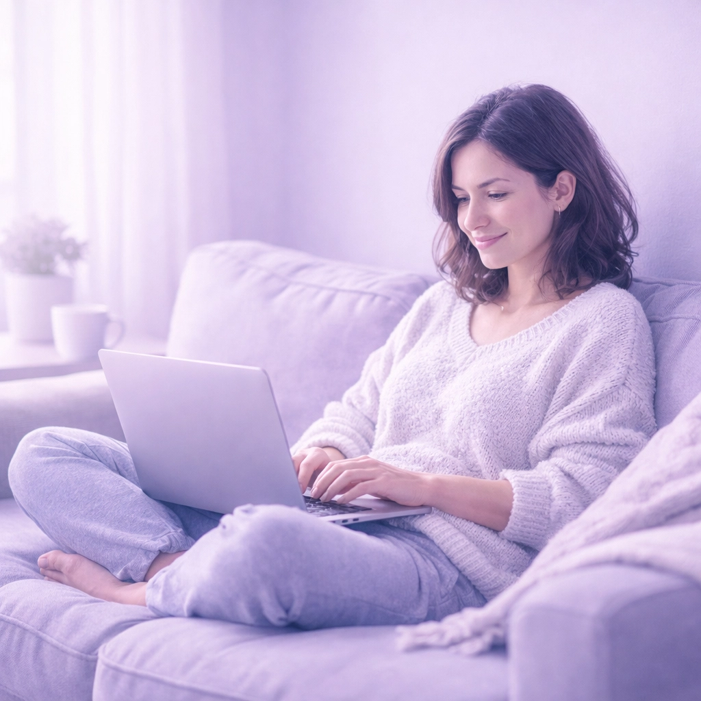 Applying for an online payday loan comfortably from home using a laptop on a sofa.