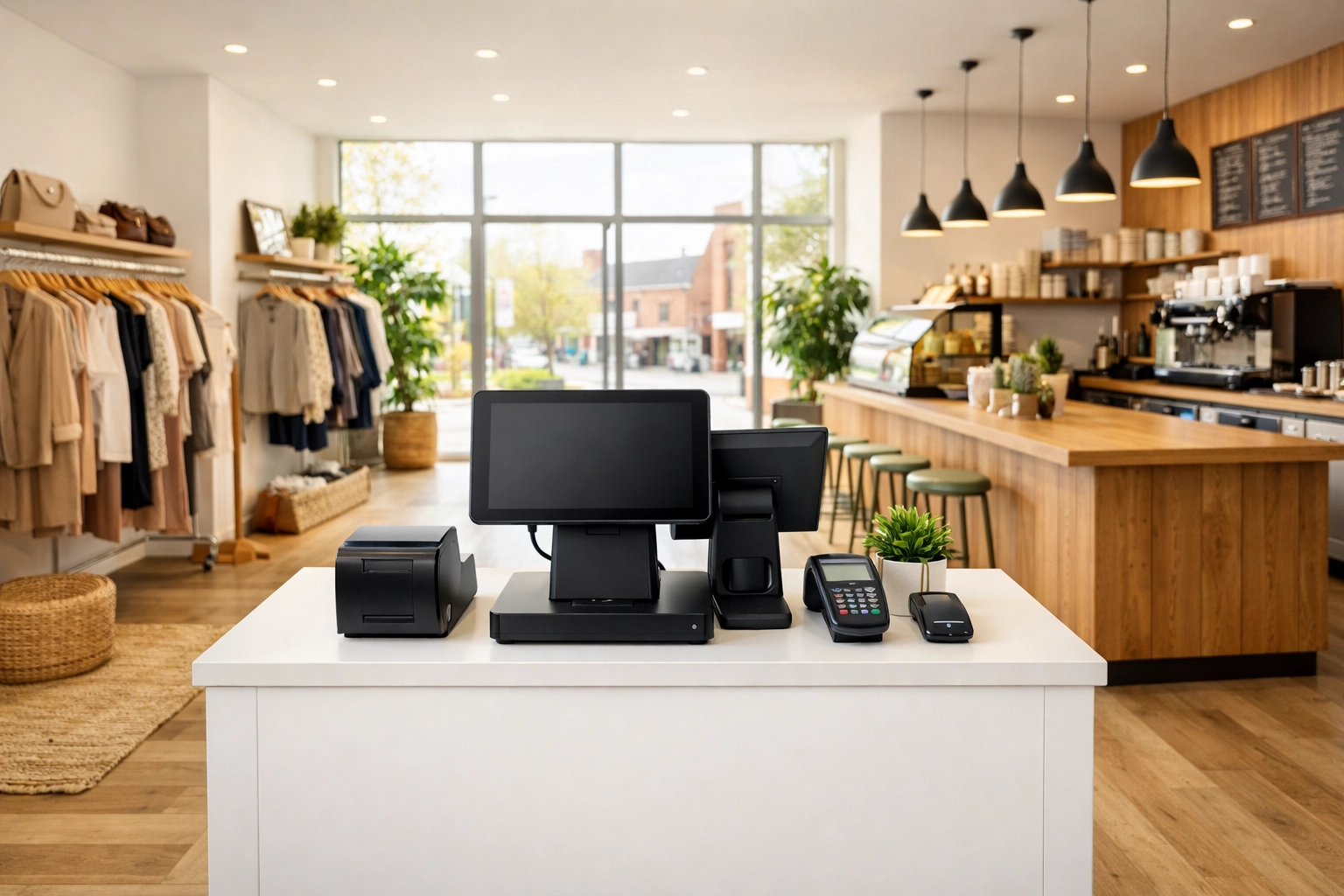 A modern dual-screen EPOS system on a retail checkout counter in a bright UK shop.