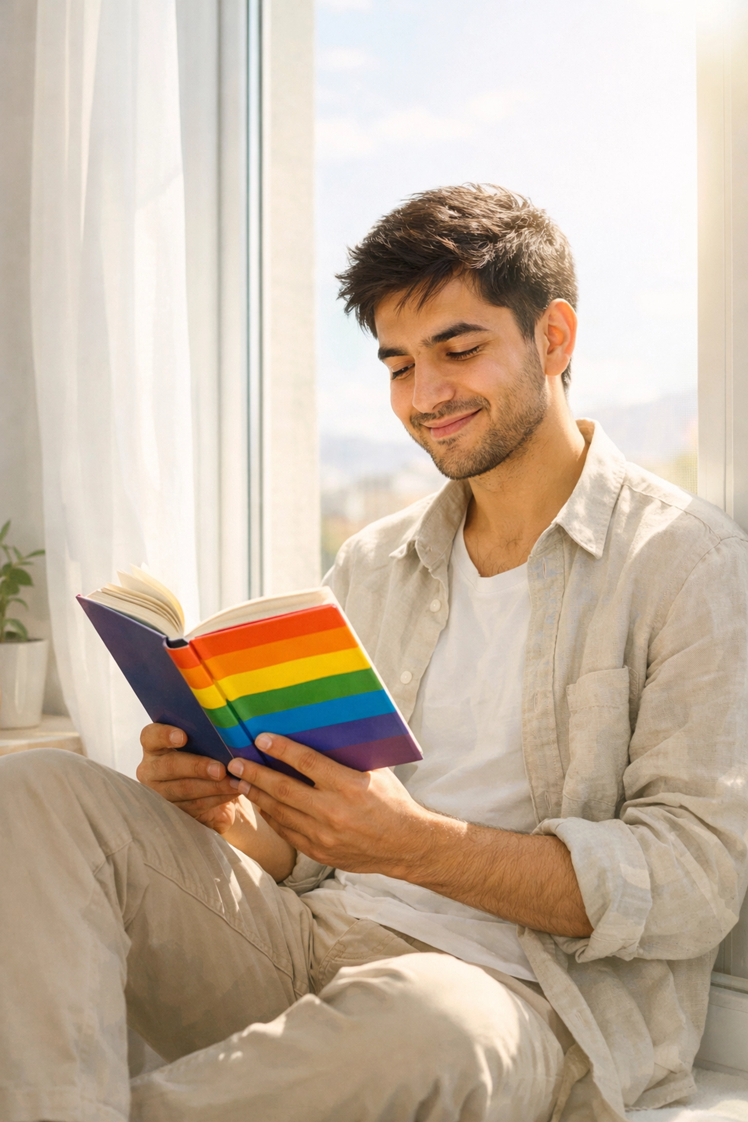 An Afghan man finding relief and peace while reading LGBTQ+ fiction in a bright, safe room.