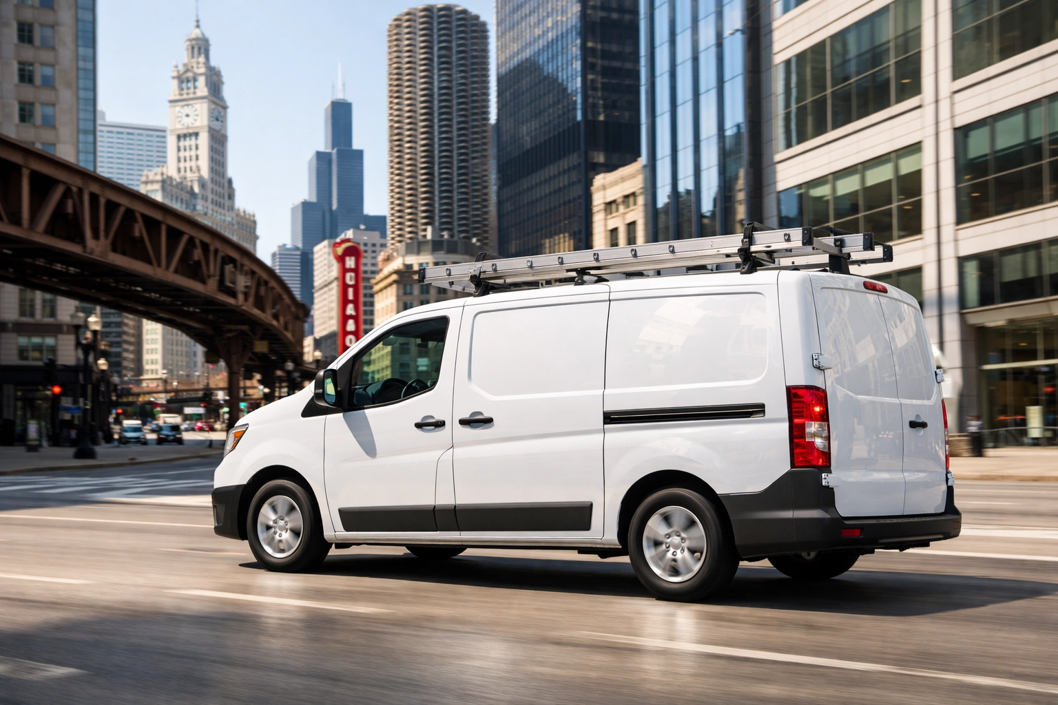Professional cleaning service vehicle driving through Chicago's Loop, ensuring reliable property management service.