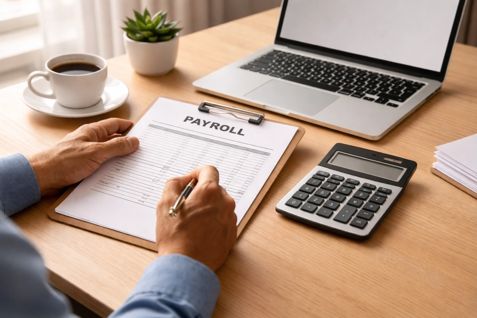 Business owner reviewing payroll documents to meet S corp payroll requirements