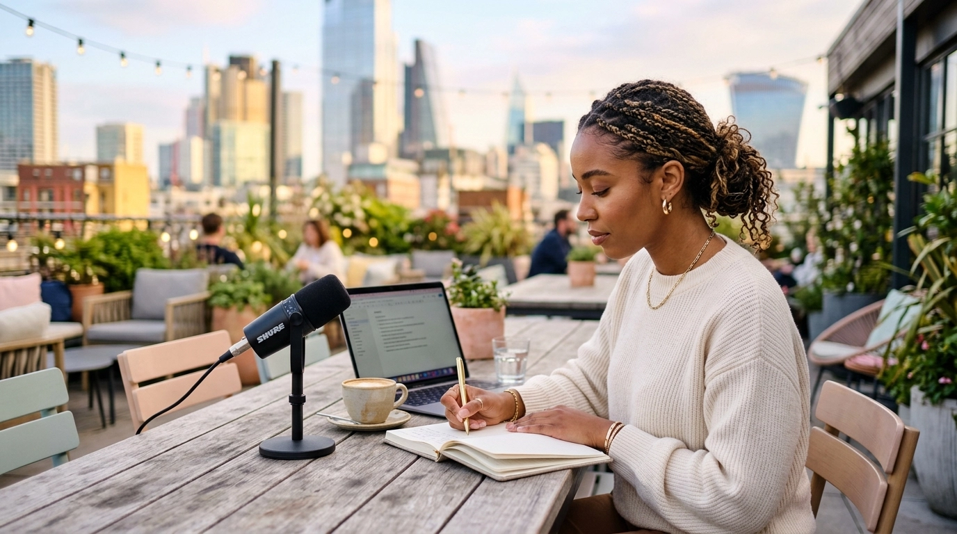 Ambitious woman reflecting with a journal in a chic lifestyle setting.