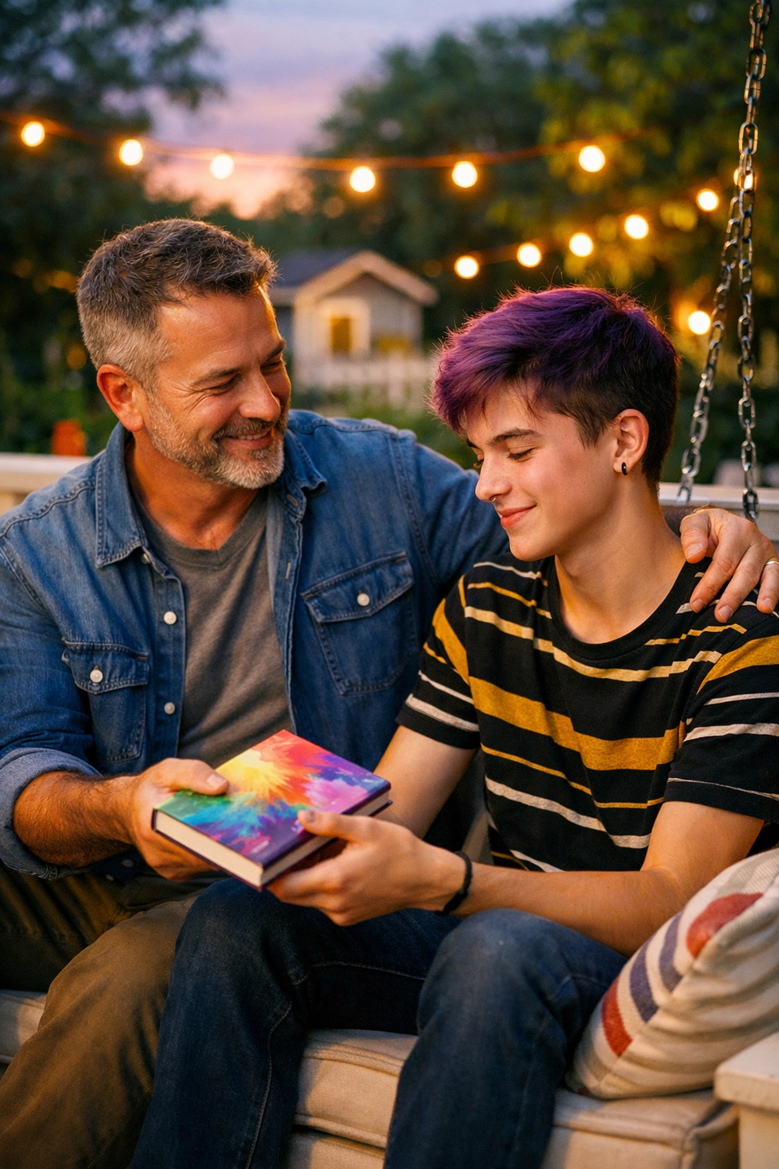 An older gay man mentoring a queer teenager on a porch swing, representing chosen family and support.