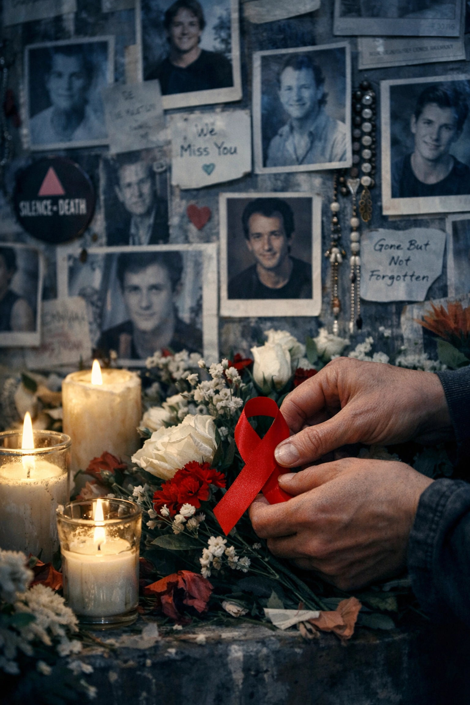 AIDS crisis memorial honoring lives lost with red ribbon tribute