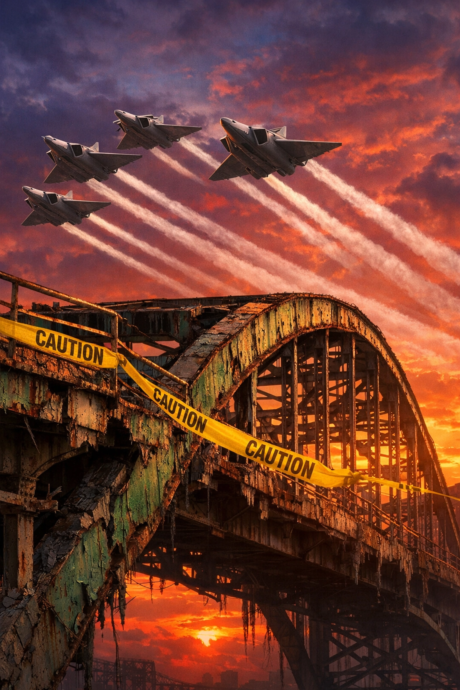 Modern stealth jets flying over a rusted, crumbling iron bridge with caution tape and visible structural cracks.