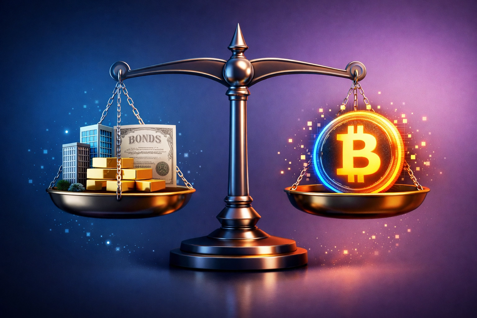 Balanced portfolio scale showing Bitcoin and traditional asset risk management