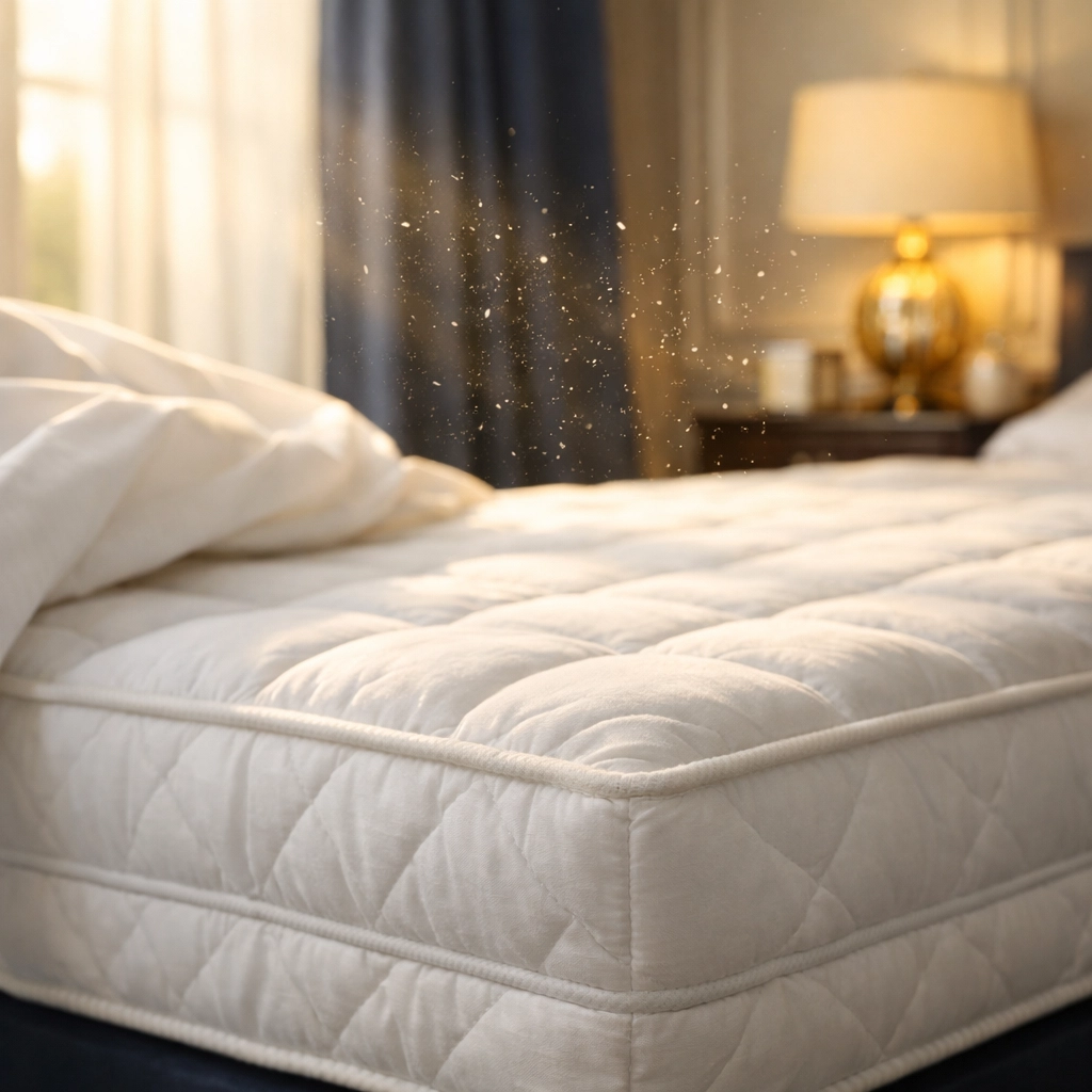 Close-up of a clean white quilted mattress in a sunny bedroom, highlighting the need for regular allergen removal.