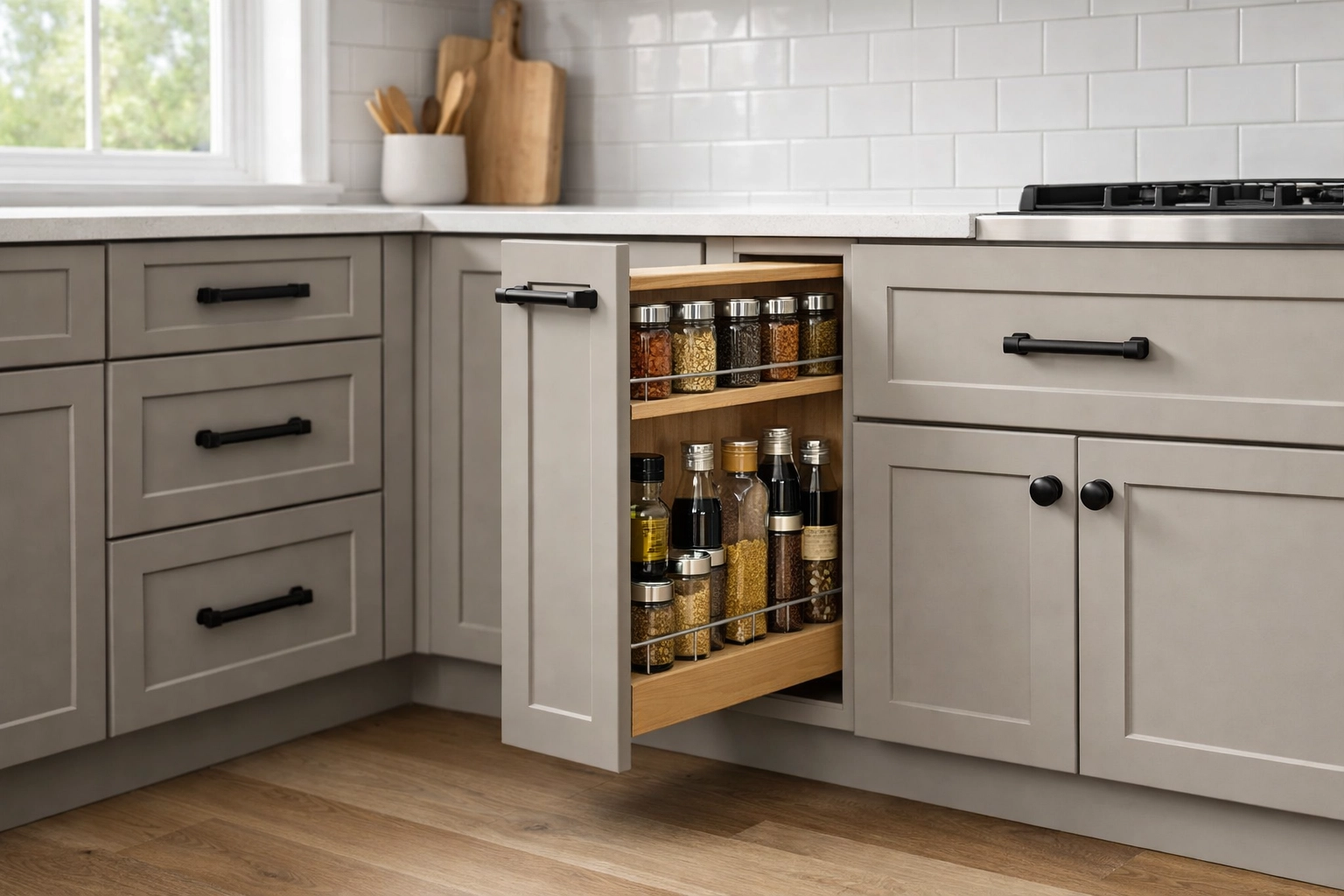 Greige kitchen cabinet refacing featuring a pull-out spice rack and functional storage accessories for buyers.