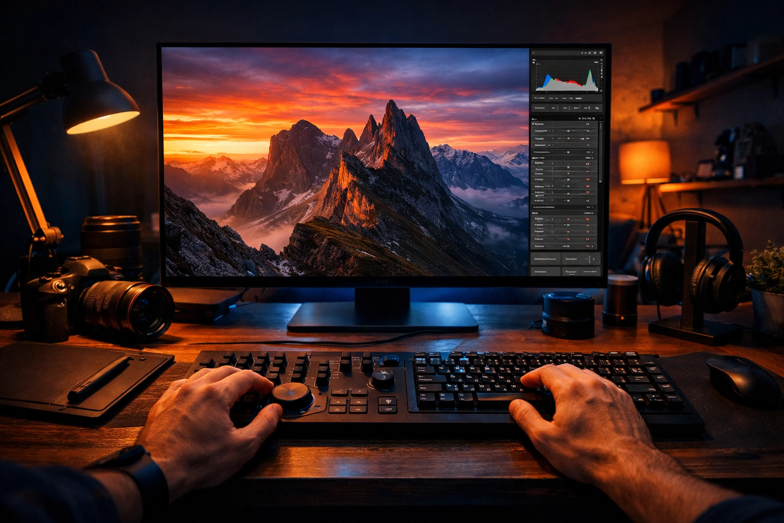 Professional photographer at a studio workstation using photo editing secrets to process a mountain landscape.
