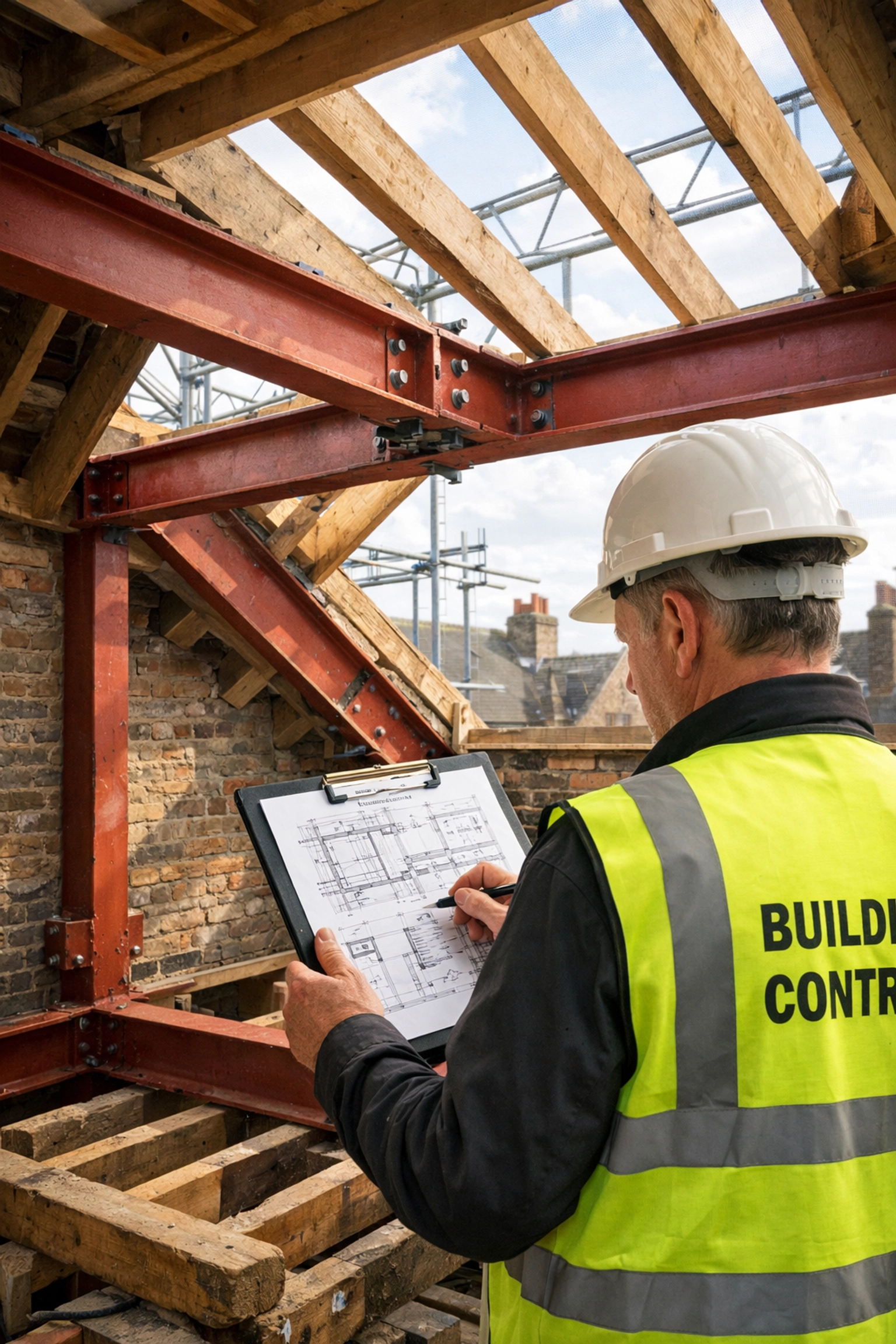 Building Control inspector reviewing structural drawings during London loft conversion with RSJ beams