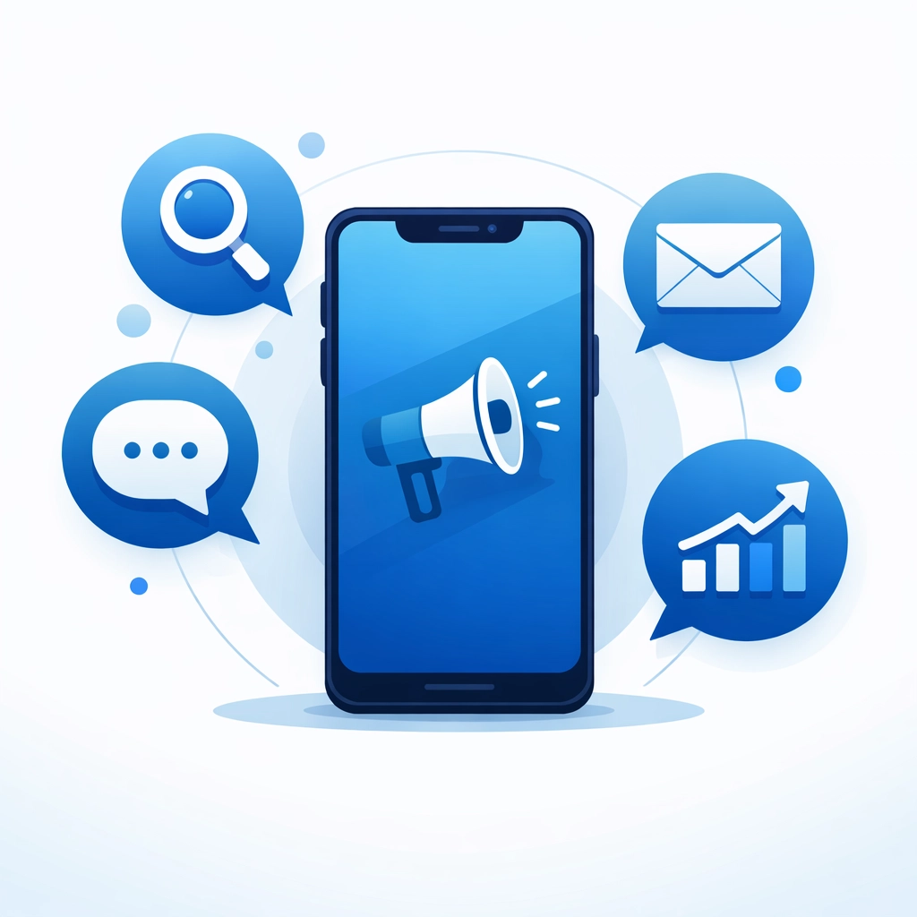 Digital marketing channels including social media, email, SEO, and mobile displayed on smartphone