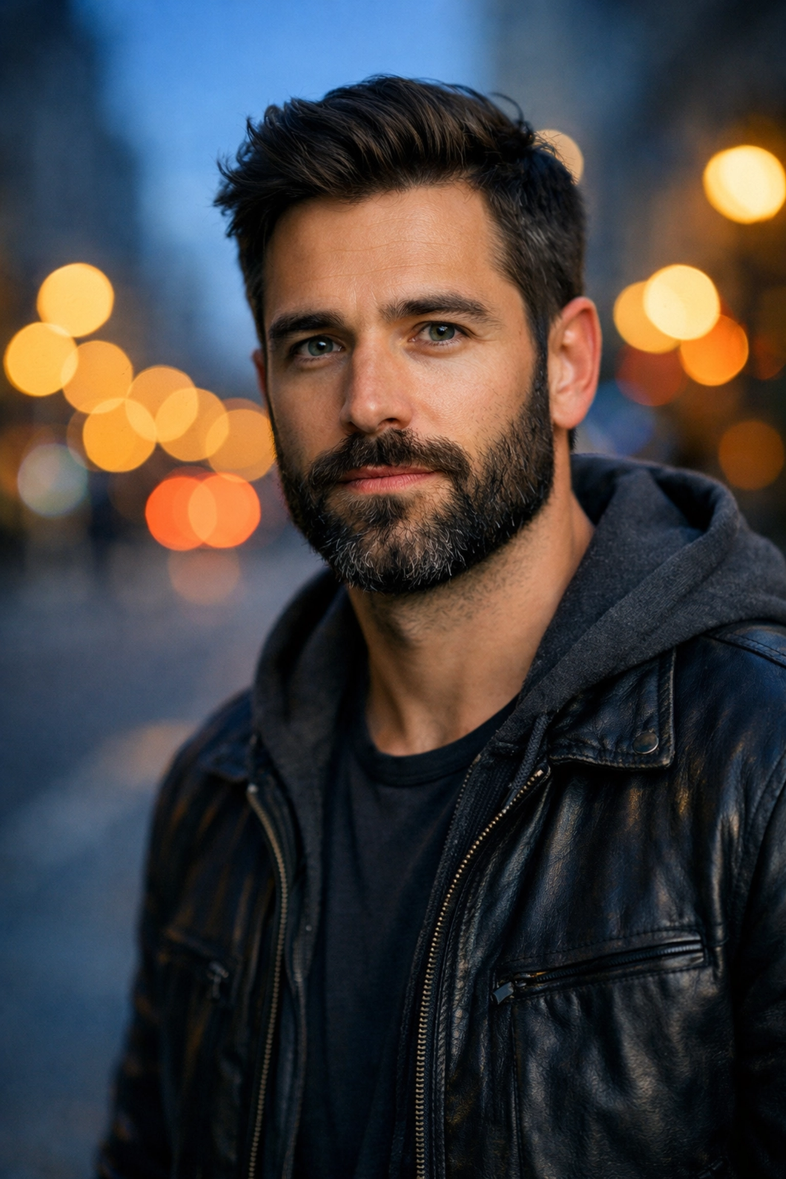 Professional portrait photography techniques using a blurred city background to make the subject stand out.