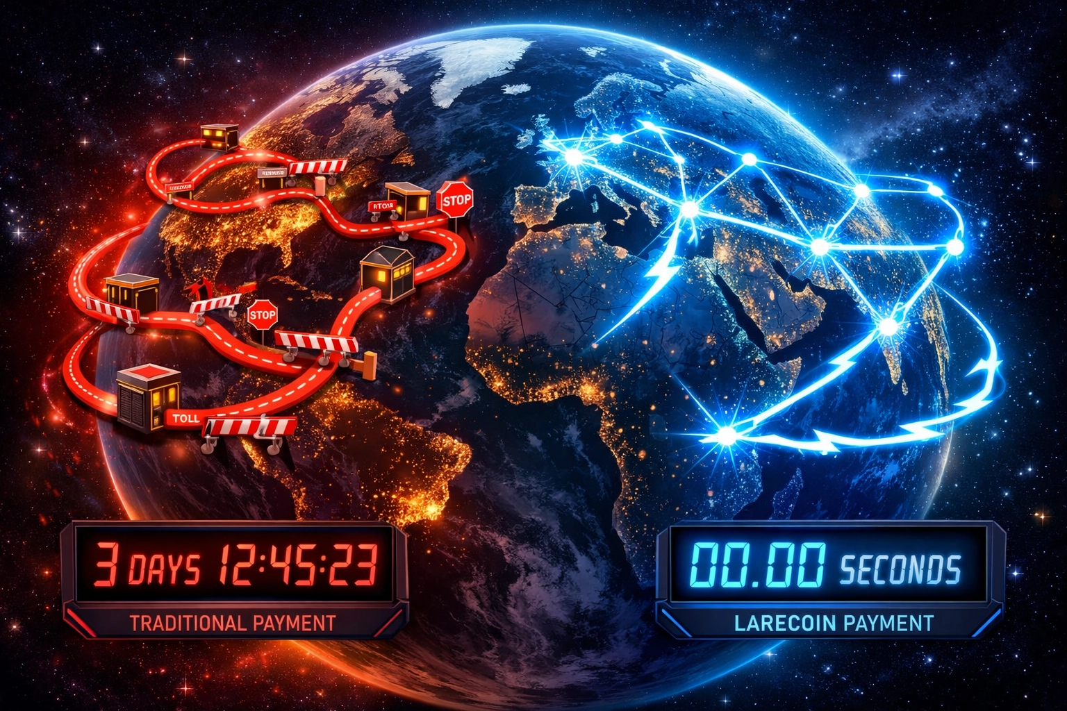 Global crypto payment network showing fast Larecoin transactions versus slow traditional payment routes