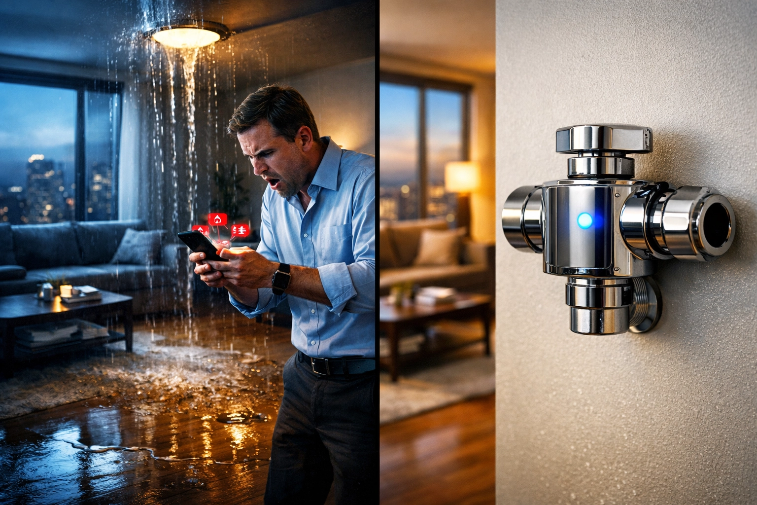 Comparison of alert-only leak detection versus automatic water shut off valve protecting high-rise apartment