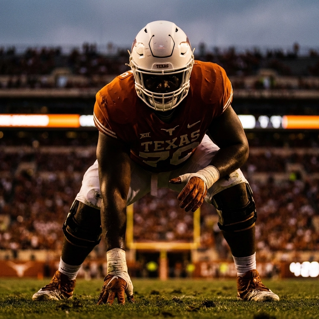 Melvin Siani in three-point stance on football field, representing Texas Longhorns new offensive tackle