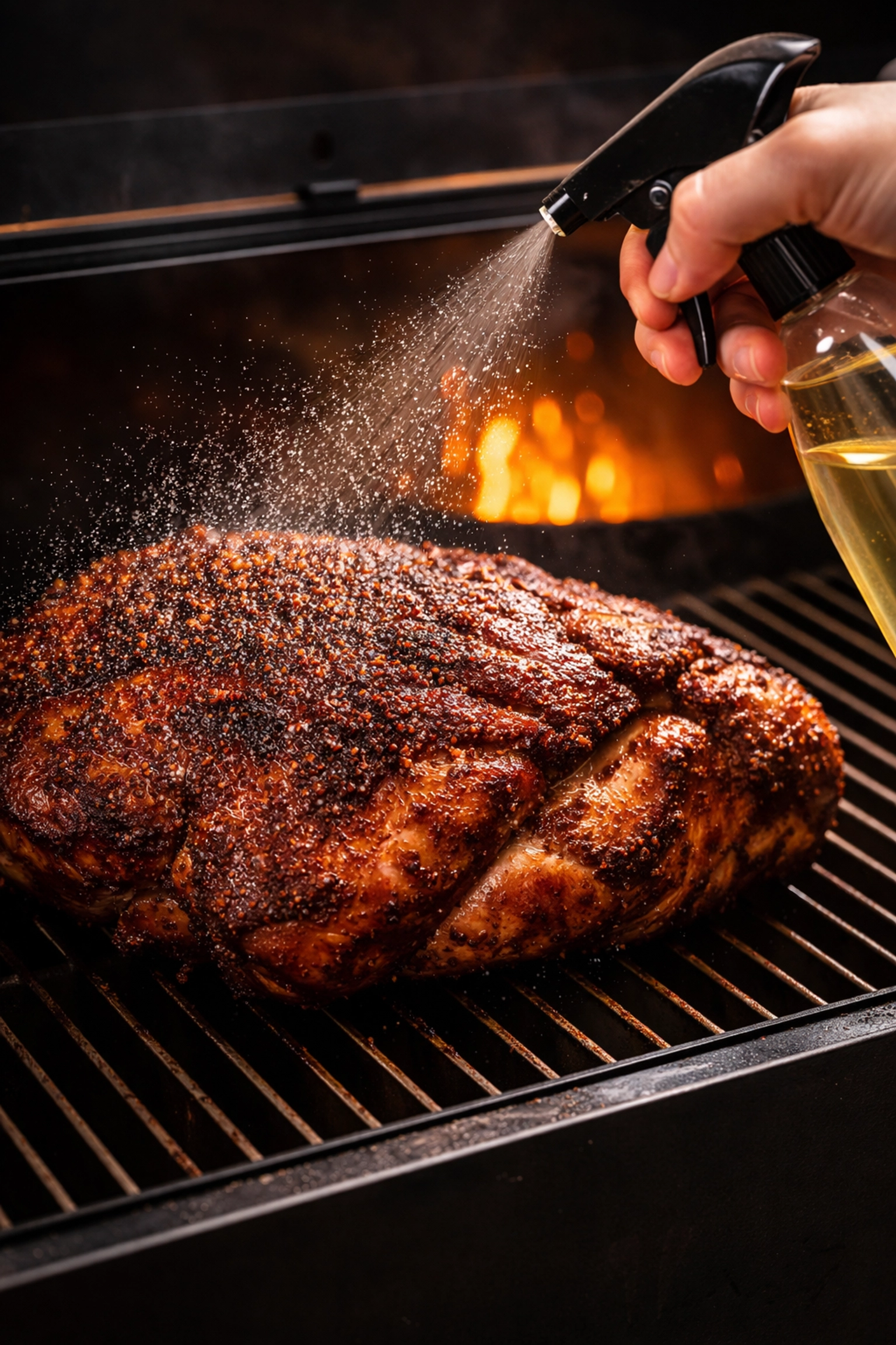Spraying pork shoulder on pellet grill to keep meat moist for maximum smoke absorption.