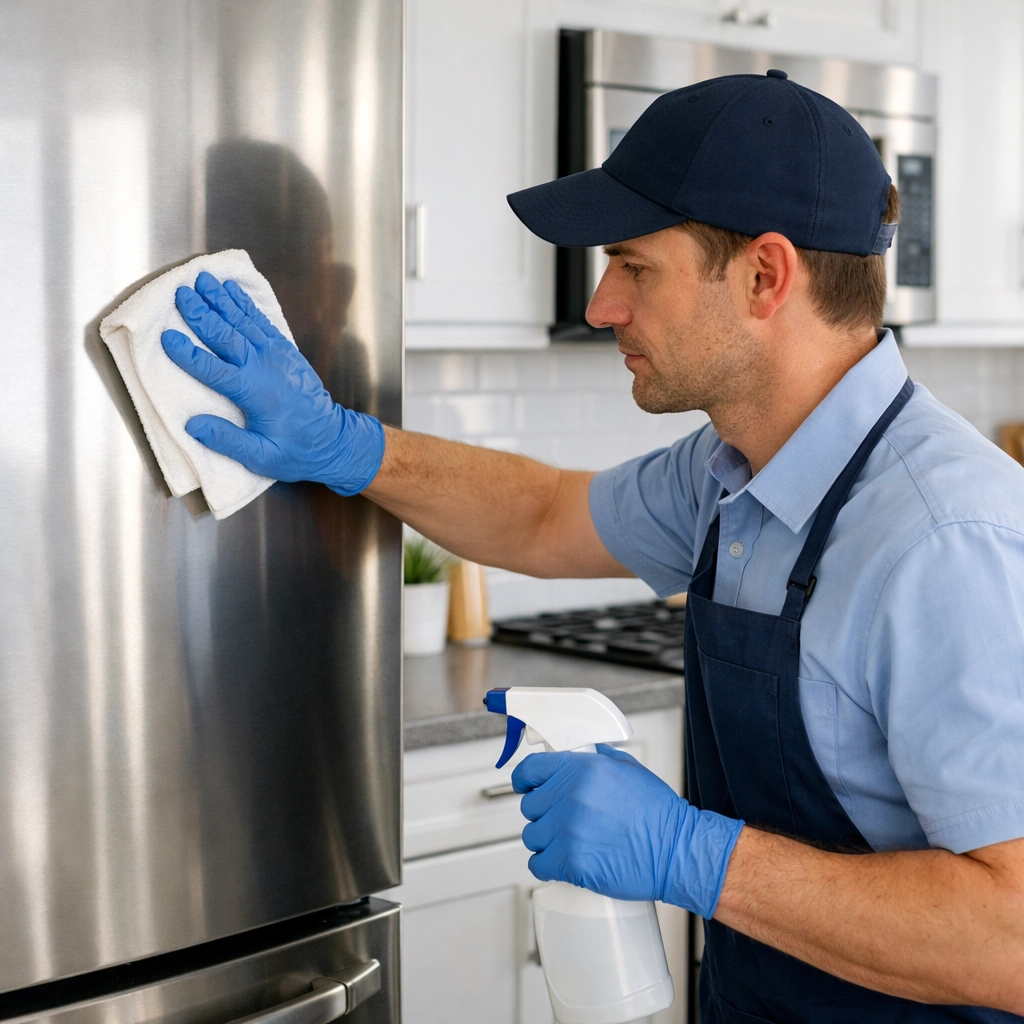 Professional cleaner performing deep kitchen cleaning during apartment turnover process
