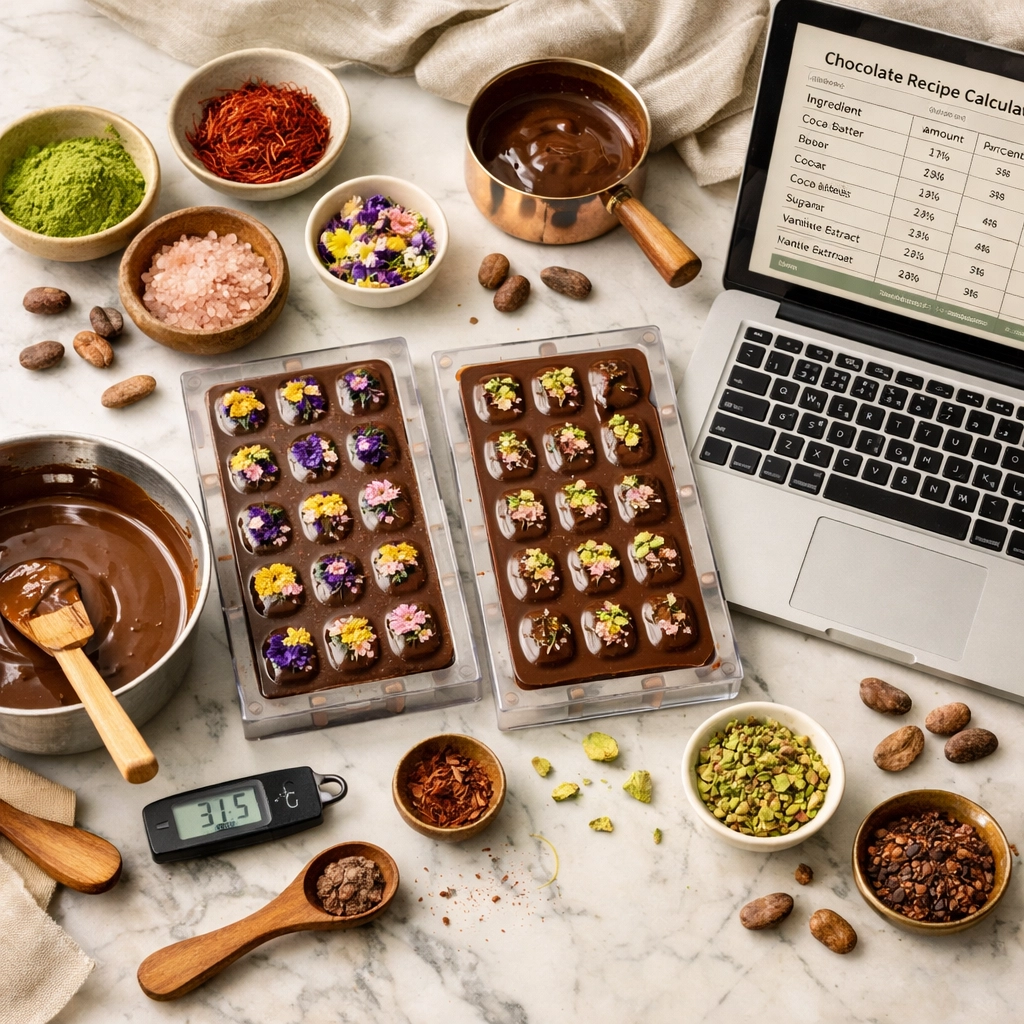 Home chocolate making workspace with premium ingredients, molds, and digital recipe tools on marble counter