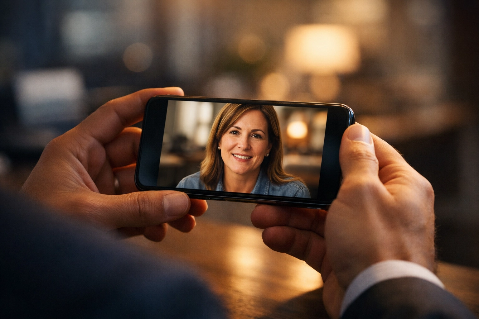 Business professional watching customer testimonial video on smartphone in office